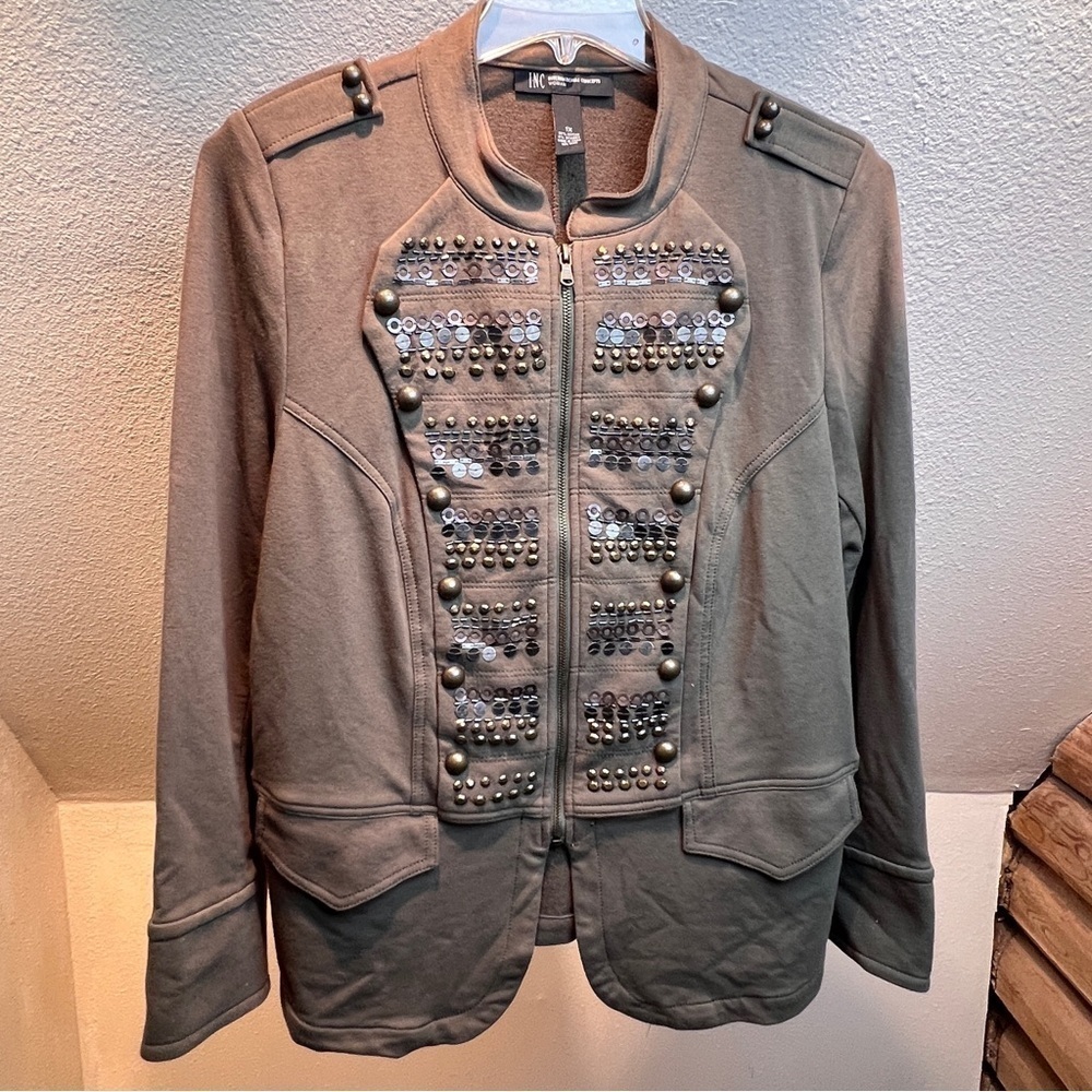 I•N•C INTERNATIONAL CONCEPTS WOMAN Olive green Zip Front Blazer w/Beaded Bib